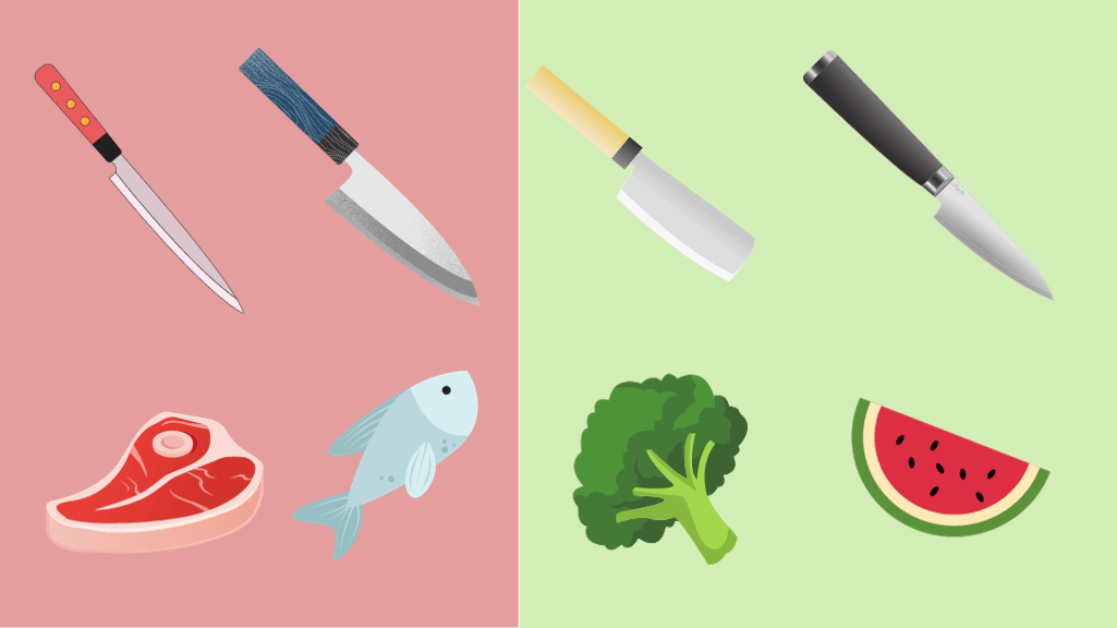 Different Types of Japanese Kitchen Knives. Yanagiba  Knife and Deba Knife for meat and fish,Nakiri Knife and Petty Knife for Vegetables And Fruits                   